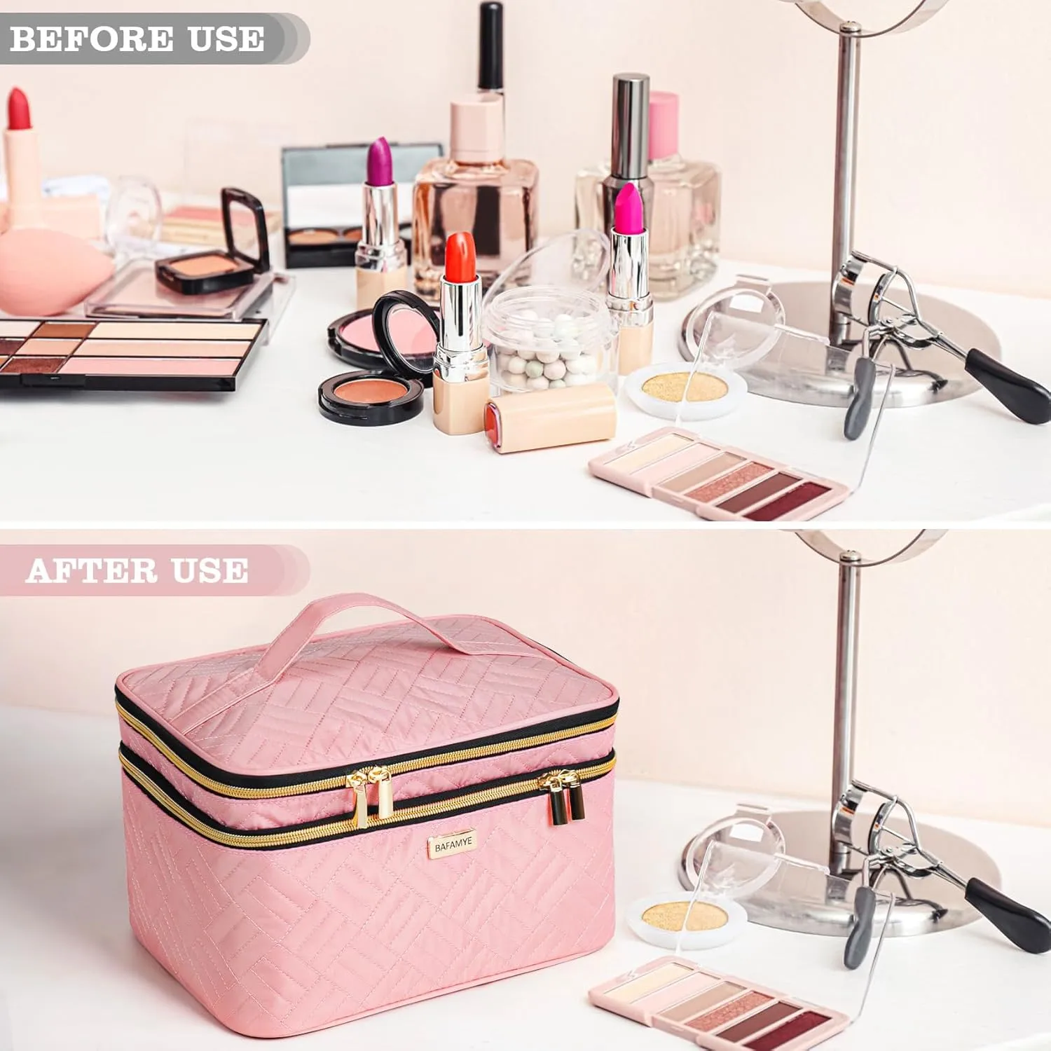 8.8L Double Layer Travel Makeup Bag With Mirror For Women, Large Cosmetic Case, Organizer for Travel-Size Accessories Bottles, Brushes,and Skin Care Products, 2.33 GAL, Pink
