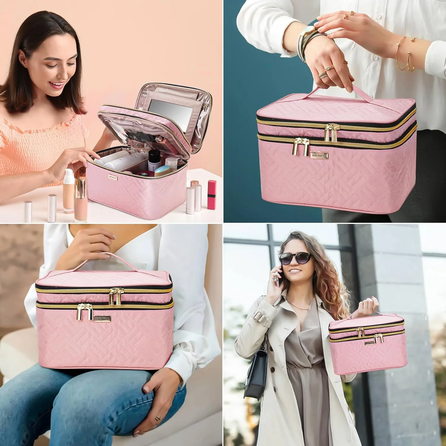 8.8L Double Layer Travel Makeup Bag With Mirror For Women, Large Cosmetic Case, Organizer for Travel-Size Accessories Bottles, Brushes,and Skin Care Products, 2.33 GAL, Pink