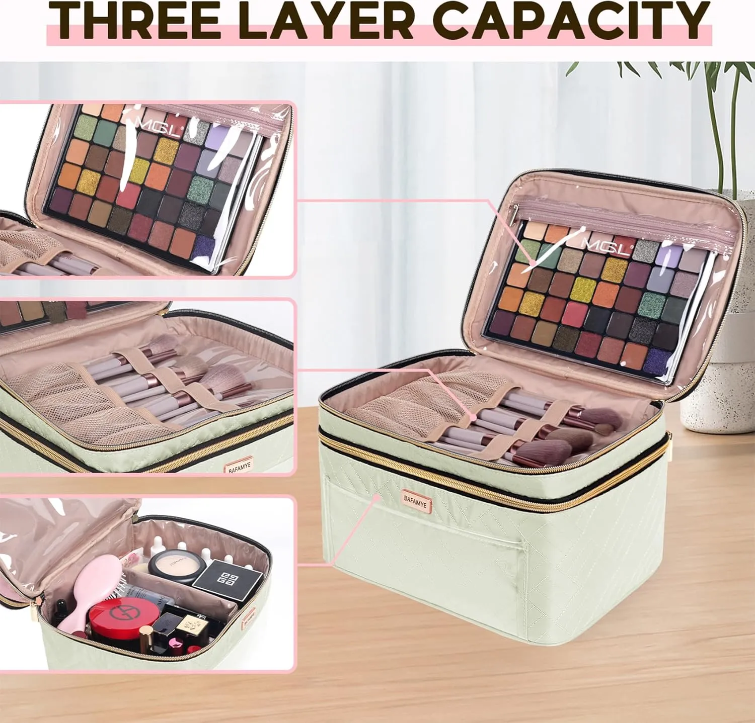 8.8L Double Layer Travel Makeup Bag Women, Large Cosmetic Case, Organizer for Travel-Size Accessories Bottles, Brushes, and Skin Care Products, Beige 2.33 GAL