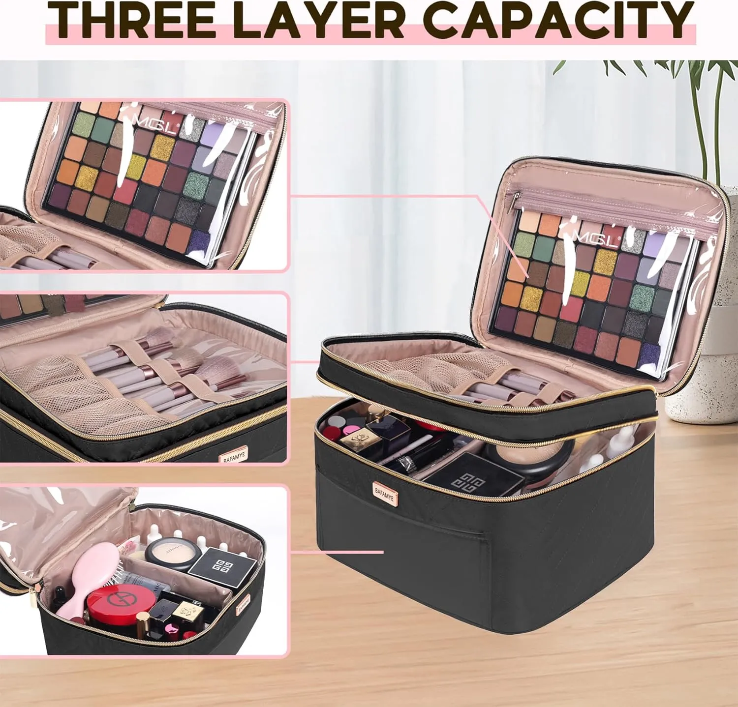 8.8L Double Layer Travel Makeup Bag Women, Large Cosmetic Case, Organizer for Travel-Size Accessories Bottles, Brushes, and Skin Care Products, Black 2.33 GAL