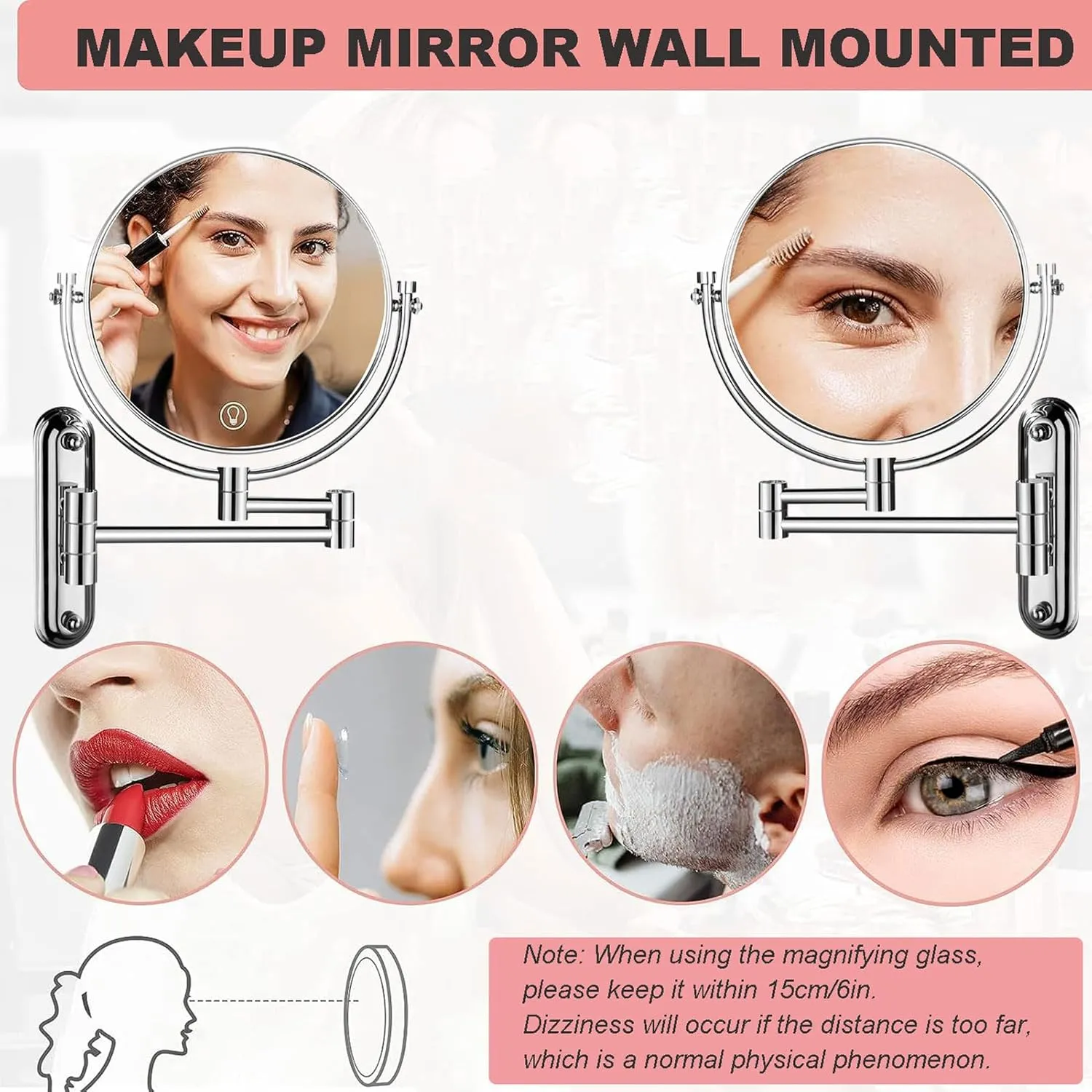 8inches Wall Mounted Makeup Mirror with Magnification, Two-Sided 360° Swivel Cosmetic Vanity Mirror, Magnifying Mirror Extra Long Arm, Extendable Bathroom Mirror