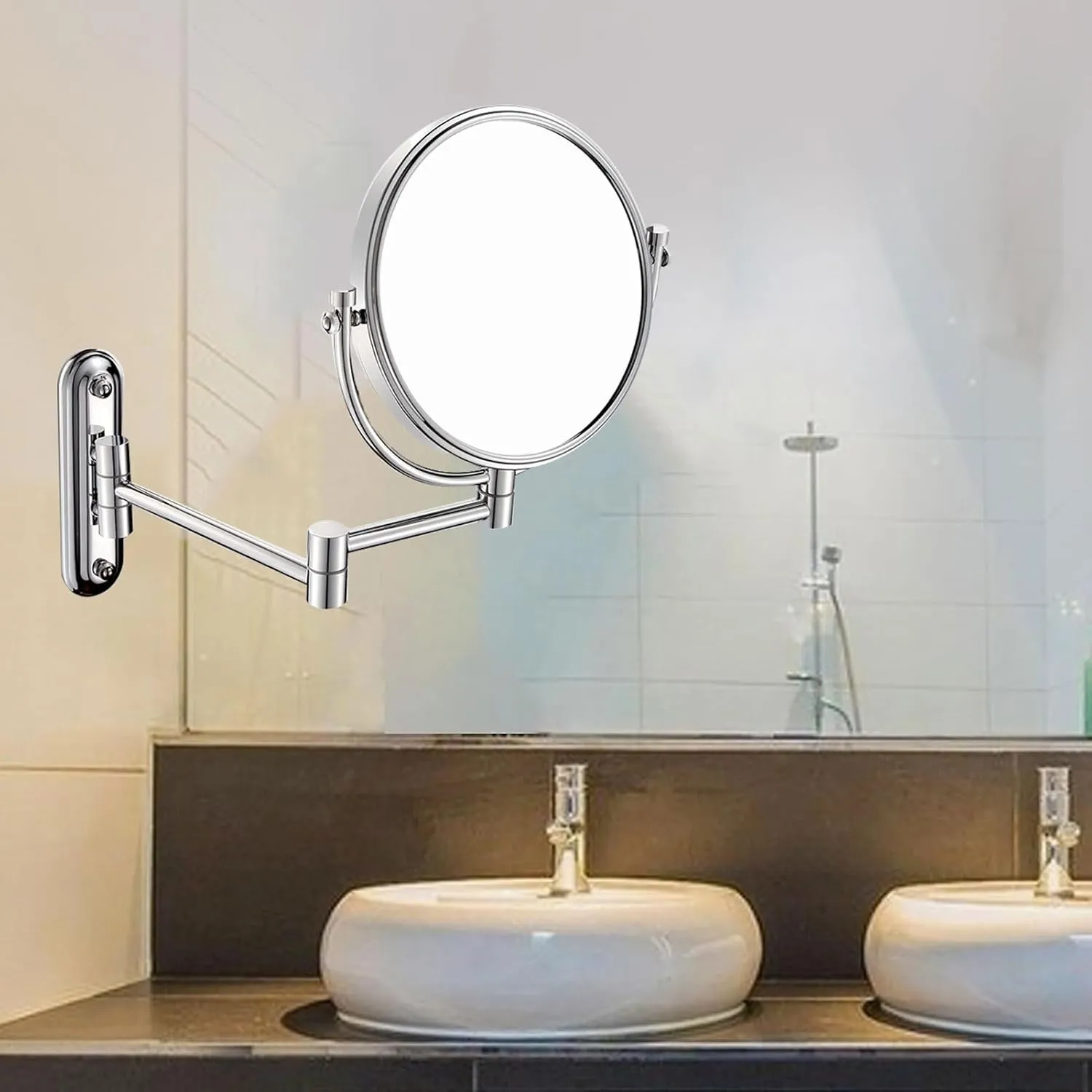 8inches Wall Mounted Makeup Mirror with Magnification, Two-Sided 360° Swivel Cosmetic Vanity Mirror, Magnifying Mirror Extra Long Arm, Extendable Bathroom Mirror