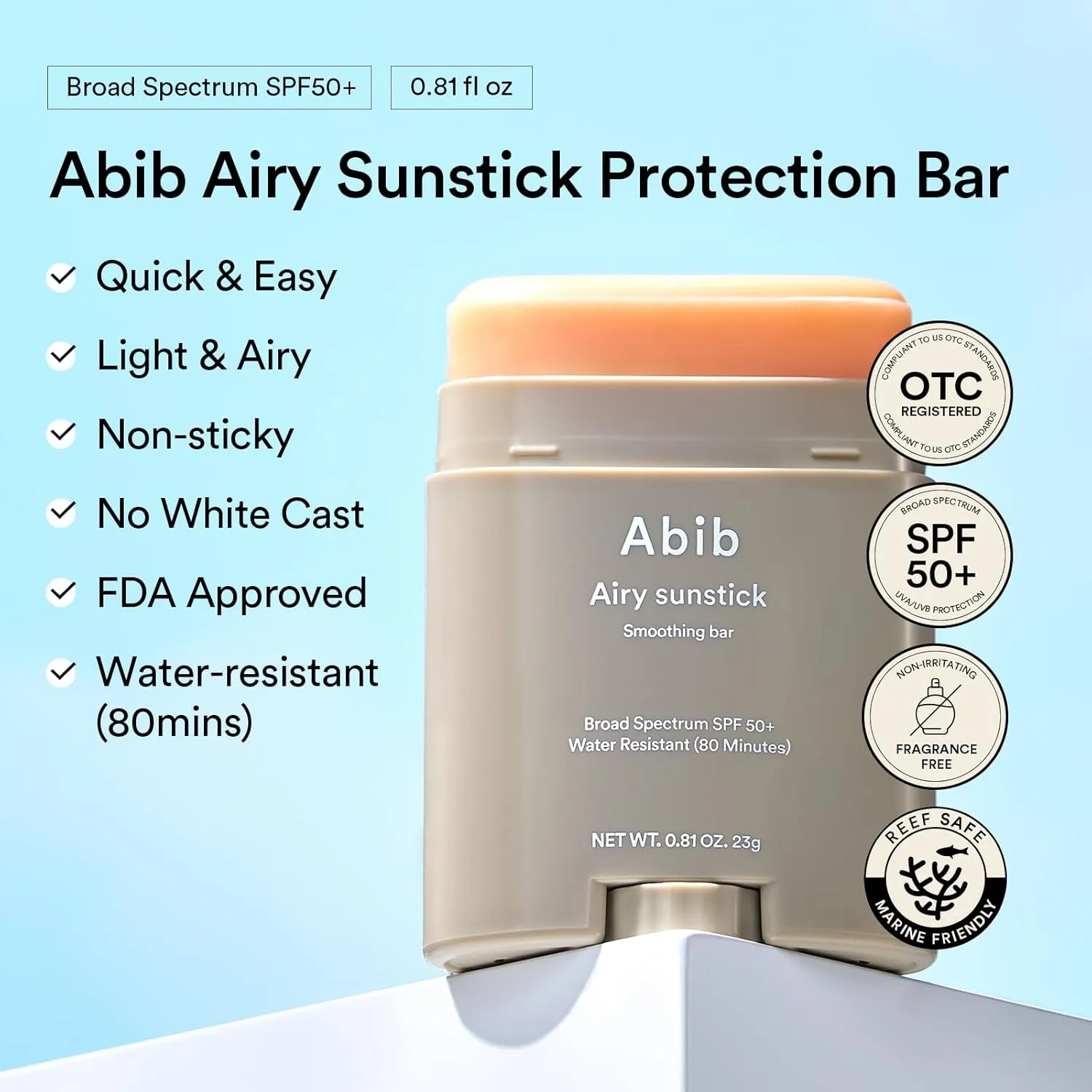Abib Airy Sunstick Protection Bar Broad Spectrum SPF50  0.81 oz / 23 g (Semi- matte) | Korean Suncreen Stick Suncare Sunblock, No Whitecast, Protector Solar Barra, Water resistant