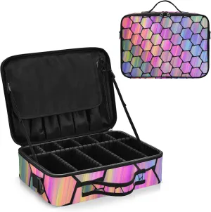 Abstract Colorful Hexagonal Geometric Texture in Rainbow Color Women's Portable Makeup Bag with Handle, Cosmetic Bag, Adjustable Dividers, Travel Cosmetic Toiletry Storage Organizer for women