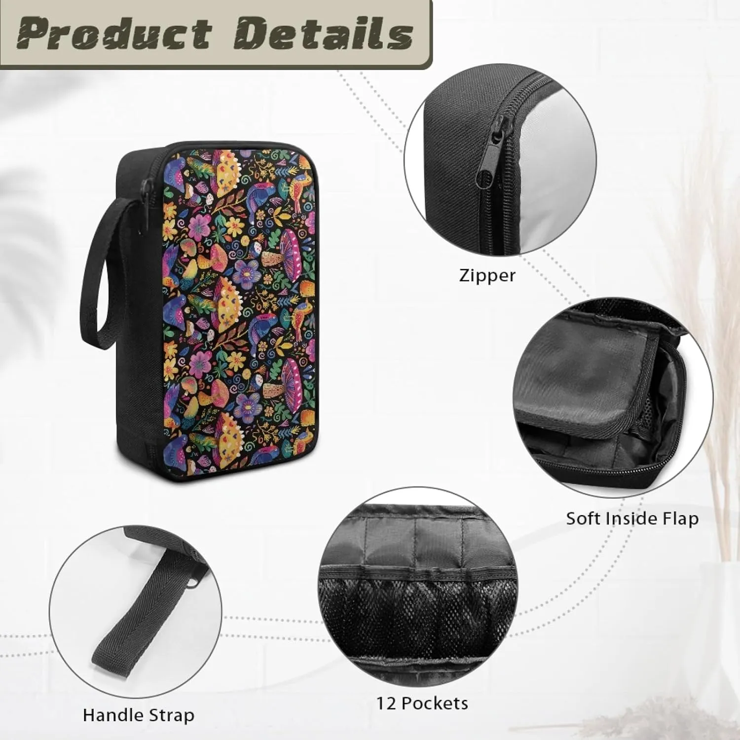 Abstract Mushroom Essential Oil Storage Holder Travel Carrying Case Toiletry Cosmetic Makeup Bag for Women 5ml, 10ml, 15ml Bottles Lightweight Clutch Purse