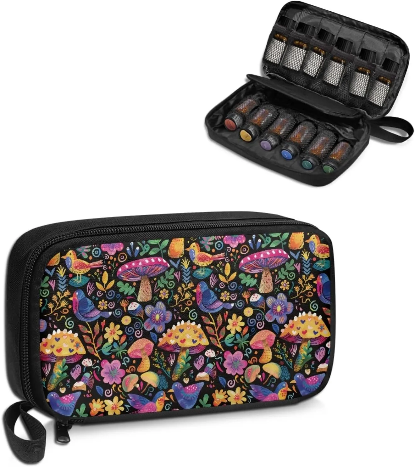 Abstract Mushroom Essential Oil Storage Holder Travel Carrying Case Toiletry Cosmetic Makeup Bag for Women 5ml, 10ml, 15ml Bottles Lightweight Clutch Purse