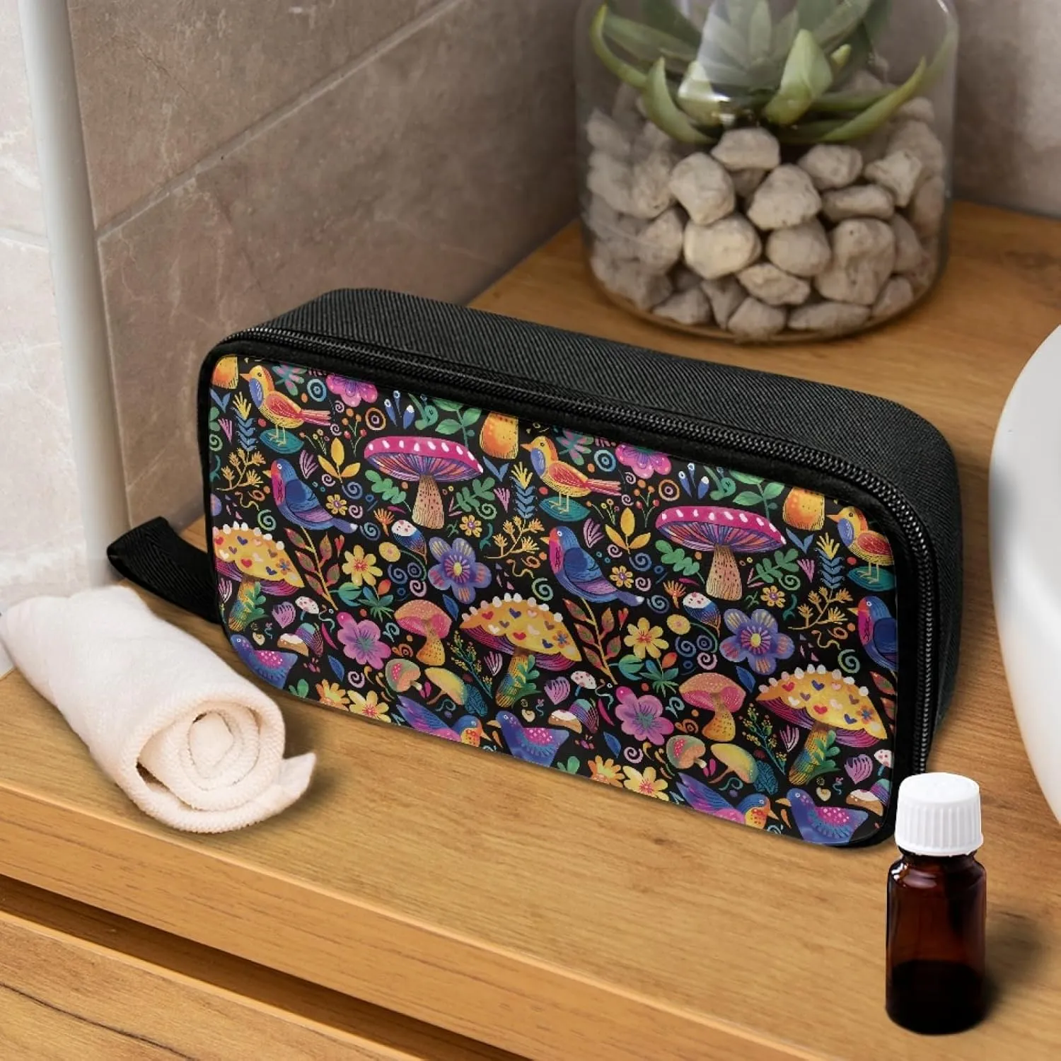 Abstract Mushroom Essential Oil Storage Holder Travel Carrying Case Toiletry Cosmetic Makeup Bag for Women 5ml, 10ml, 15ml Bottles Lightweight Clutch Purse