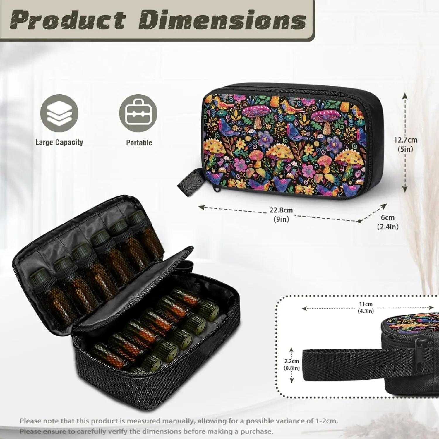 Abstract Mushroom Essential Oil Storage Holder Travel Carrying Case Toiletry Cosmetic Makeup Bag for Women 5ml, 10ml, 15ml Bottles Lightweight Clutch Purse