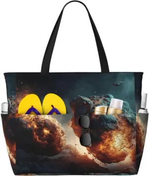 Abstract Space Meteorite Beach Bag, Waterproof Sandproof Beach Tote Pool Bag, Lightweight & Foldable Shoulder Bag For Beach Gym Travel Camping Shopping Family Vacation Essentials
