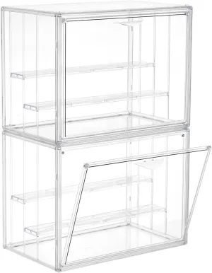 Acrylic Display Case for Collectibles 3 Layer Adjustable Figure Display Case with Magnetic Door Clear Stackable Display Box for Figures Showcase 2Pack