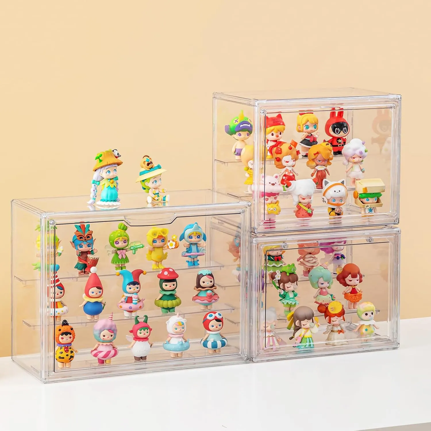 Acrylic Display Cases for Collectibles, 3 Tier Clear Shelf Boxes for Figures, Miniature Dustproof and Stackable Action Figure Display Case (1, Large)