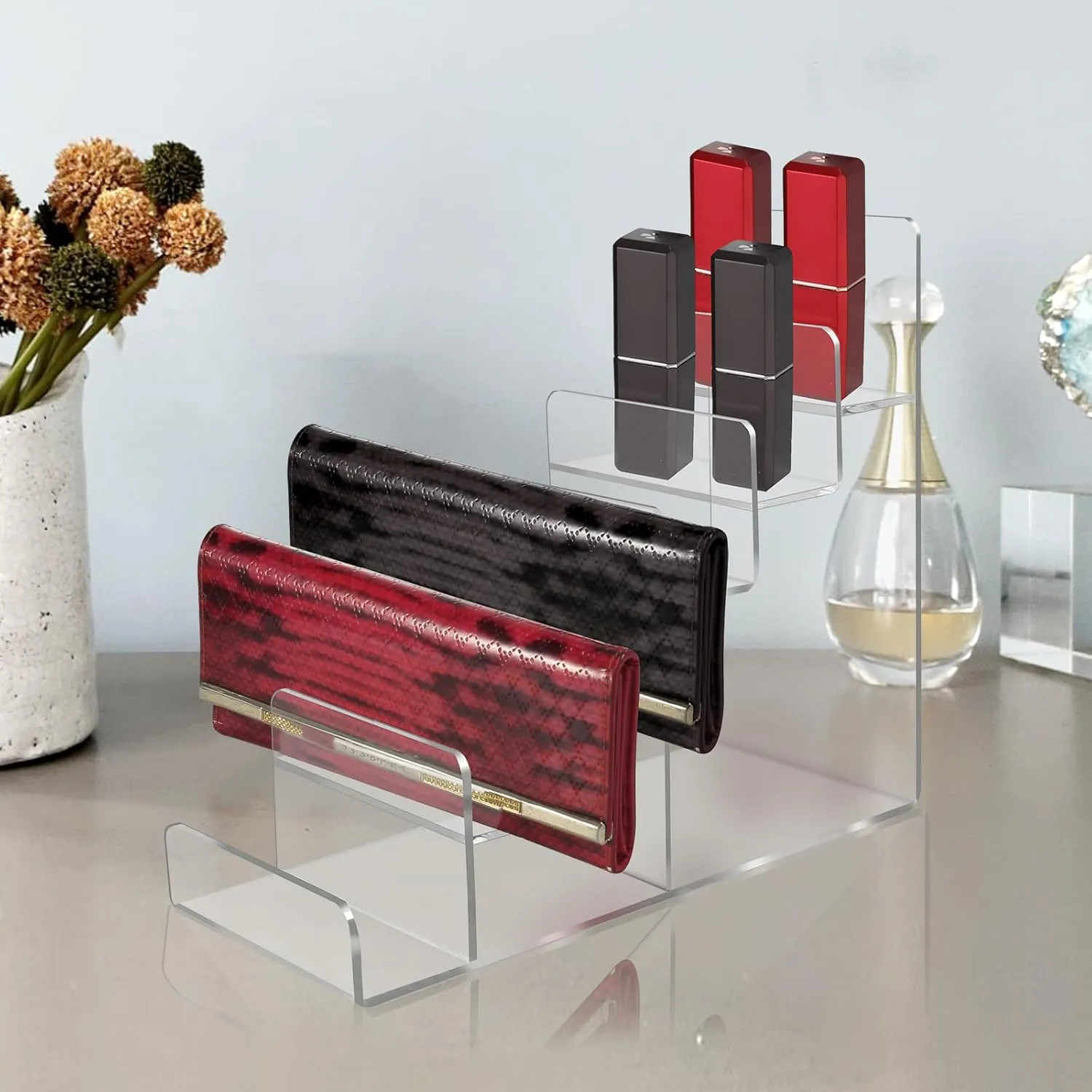 Acrylic Wallet Display Stand Purse Handbag Organizer, Clear Jewelry Riser Display Stand Purse Display Rack, Acrylic Display Shelf for Cosmetic Perfume Jewelry Sunglasses Handbag (2 PCS-6 Tier)