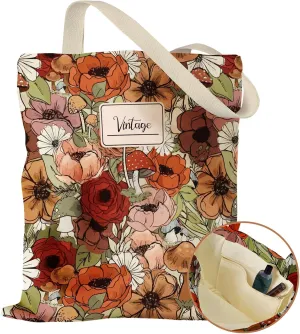 Aesthetic Canvas Tote Bag with Inner Pocket for Women, Cloth Cotton Totes Bag with Pattern for Shopping, Gym