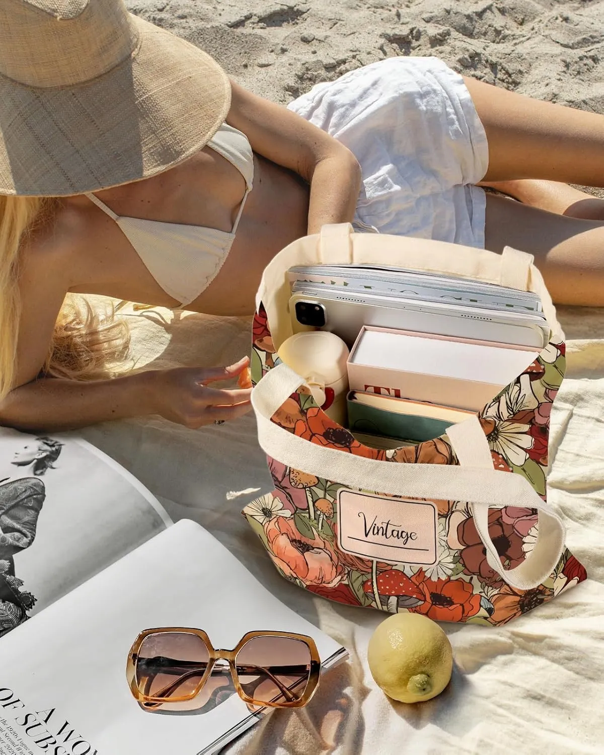 Aesthetic Canvas Tote Bag with Inner Pocket for Women, Cloth Cotton Totes Bag with Pattern for Shopping, Gym