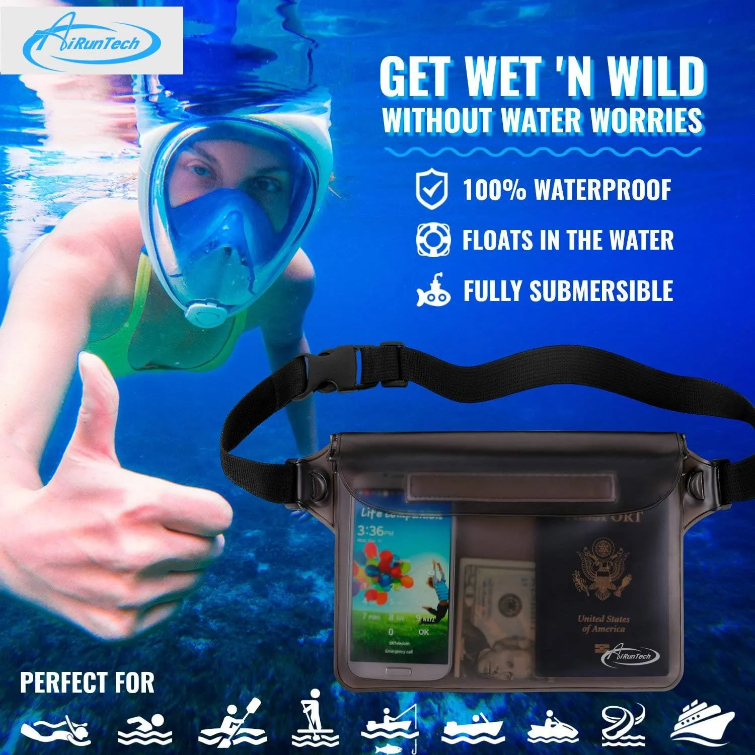 AiRunTech Waterproof Fanny Pack,Waterproof Phone Pouch for iPhone 15 14 13 12 11 Pro Max,IPX8 Waterproof Dry Bag for Snorkeling Beach Cruise Kayaking Pool Swimming(Two Phone Cases Two Waist Bags Set)