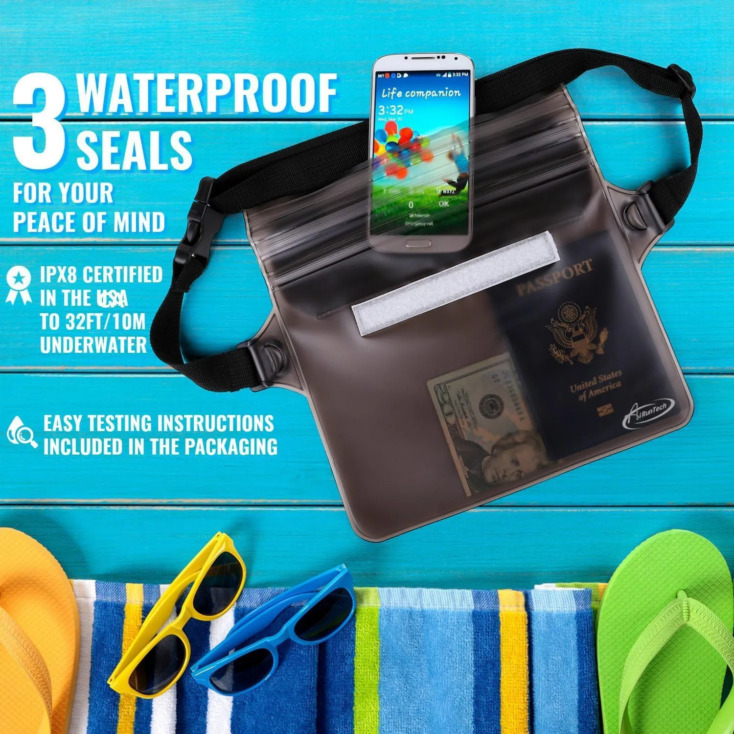 AiRunTech Waterproof Fanny Pack,Waterproof Phone Pouch for iPhone 15 14 13 12 11 Pro Max,IPX8 Waterproof Dry Bag for Snorkeling Beach Cruise Kayaking Pool Swimming(Two Phone Cases Two Waist Bags Set)