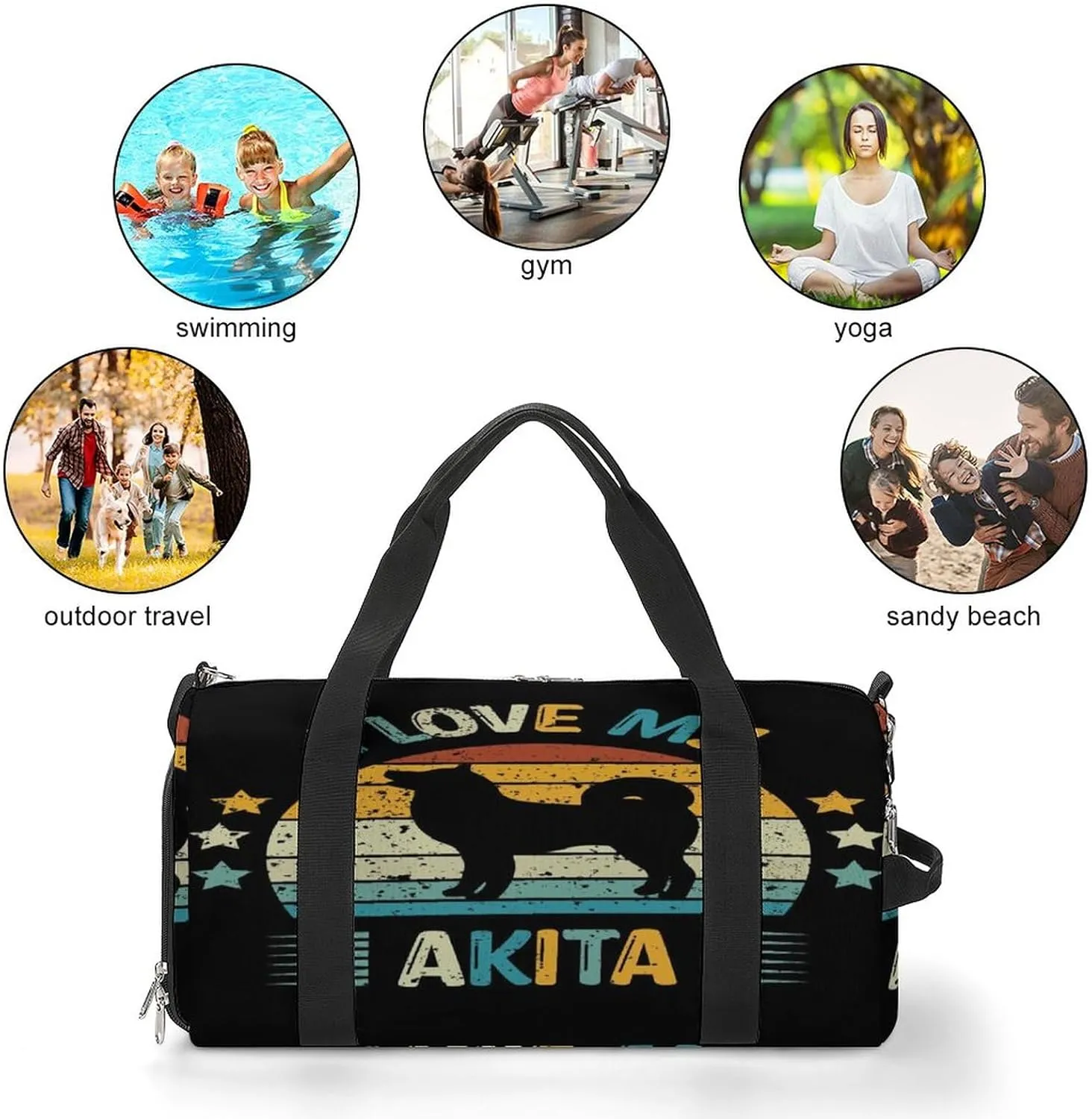 Akita-silhouette-vintage Pattern Sports Tote Gym Bag for Women Men, Overnight Bag with Shoe Compartment Water Resistant