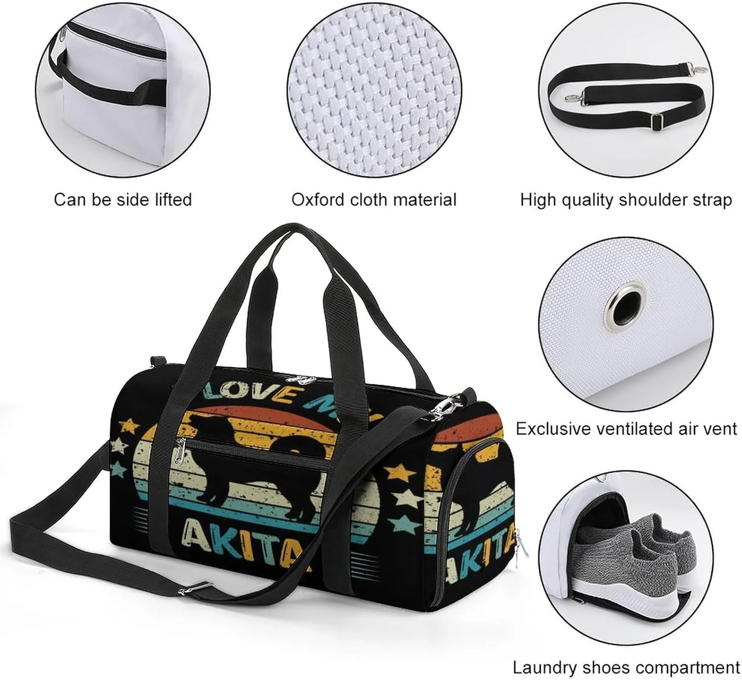 Akita-silhouette-vintage Pattern Sports Tote Gym Bag for Women Men, Overnight Bag with Shoe Compartment Water Resistant