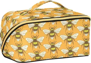 ALAZA Bee in Vintage Style Makeup Bag Travel Cosmetic Bag Portable Zipper Cosmetic Pouch with Handle and Divider for Women Collage Dorm Business Trip