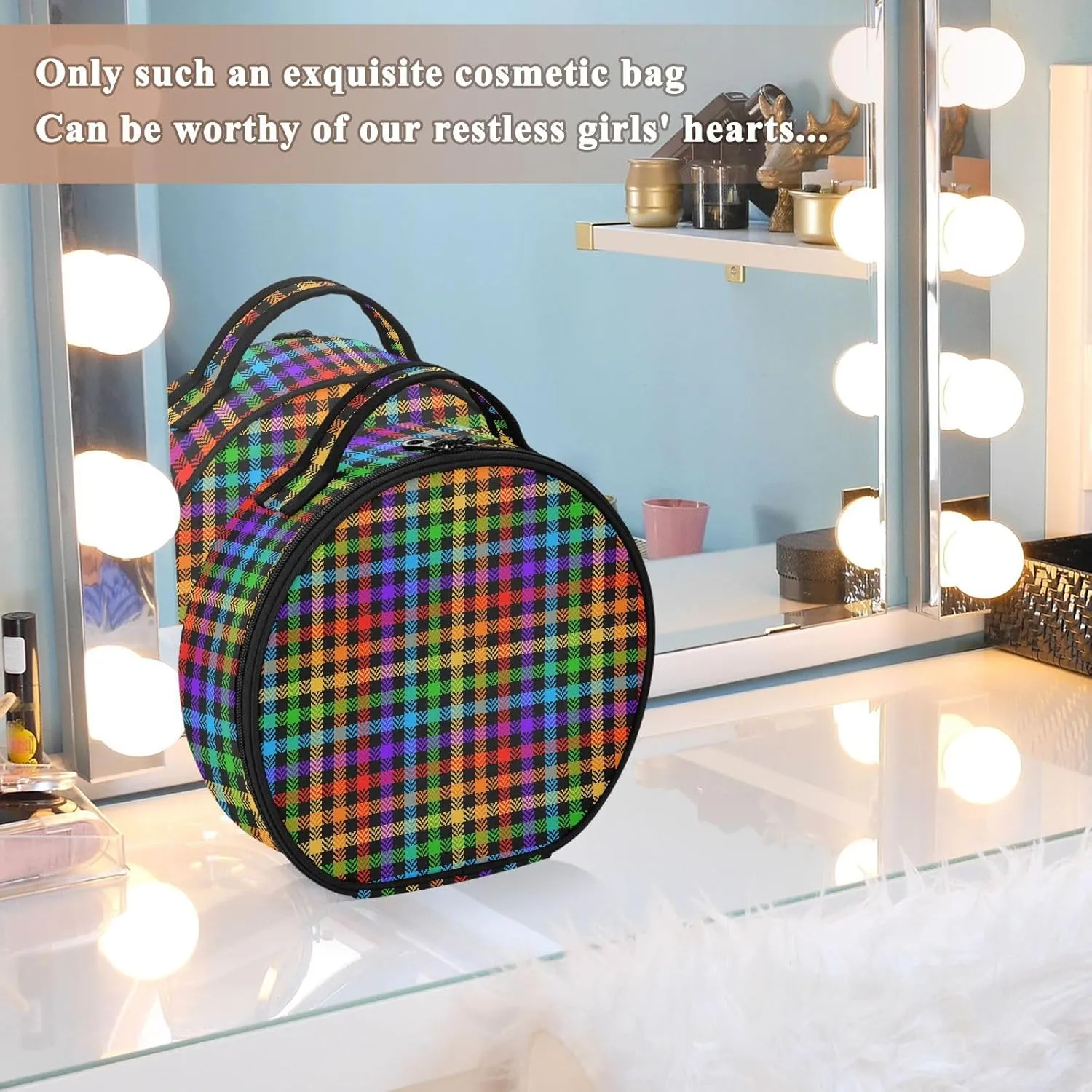 ALAZA Check Pattern Rainbow Herringbone Toiletry Bag Travel Makeup Case Organizer for Women