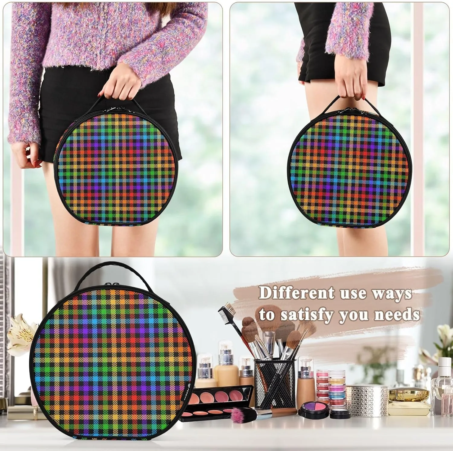 ALAZA Check Pattern Rainbow Herringbone Toiletry Bag Travel Makeup Case Organizer for Women
