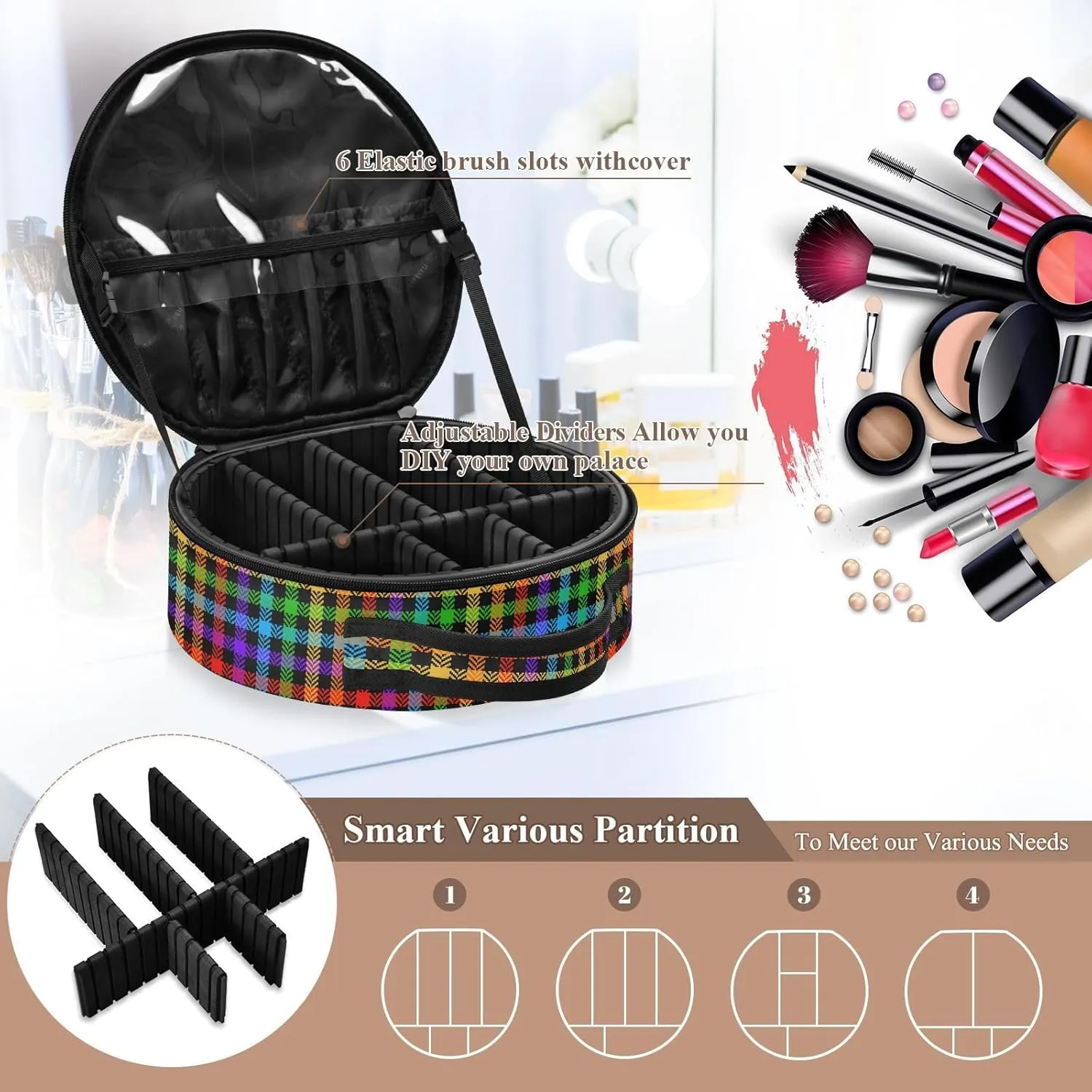 ALAZA Check Pattern Rainbow Herringbone Toiletry Bag Travel Makeup Case Organizer for Women