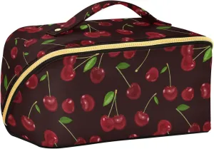 ALAZA Cherry on Dark Background Makeup Bag Travel Cosmetic Bag Portable Zipper Cosmetic Pouch with Handle and Divider for Women Collage Dorm Business Trip