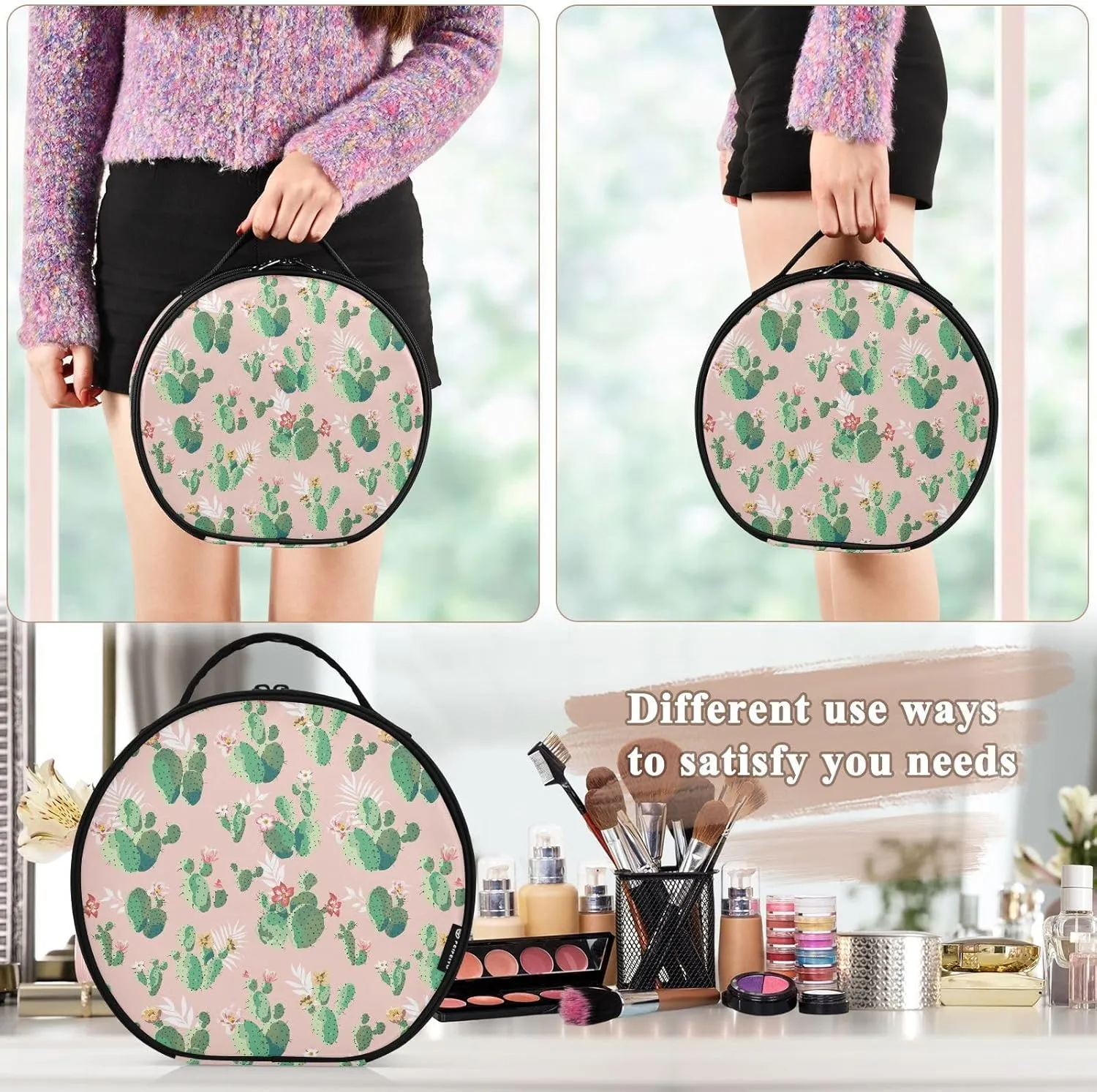 ALAZA Cute Prickly Pear Cactus Makeup Bag Travel Cosmetic Bag Large Toiletry Organizer