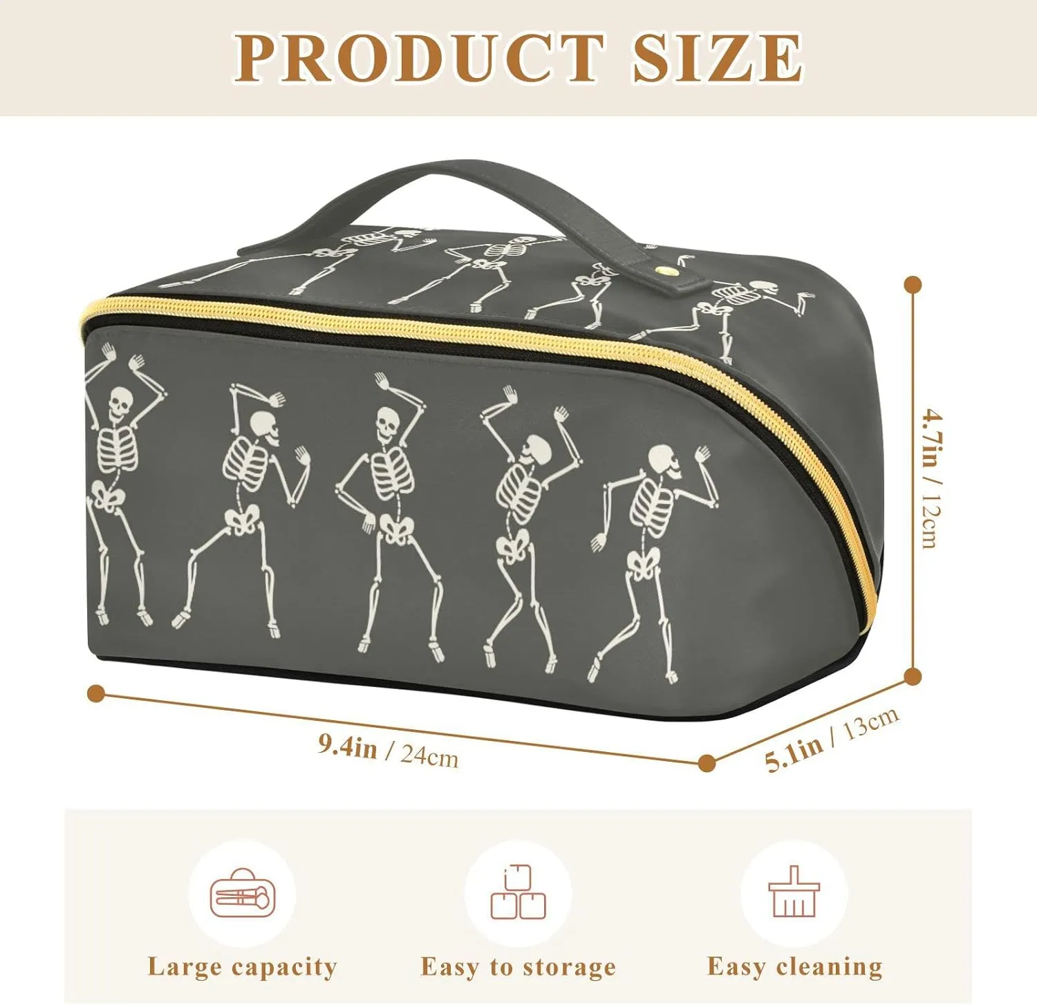 ALAZA Funny Dancing Skeleton Makeup Bag Travel Cosmetic Bag Portable Zipper Cosmetic Pouch with Handle and Divider for Women Collage Dorm Business Trip