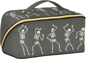 ALAZA Funny Dancing Skeleton Makeup Bag Travel Cosmetic Bag Portable Zipper Cosmetic Pouch with Handle and Divider for Women Collage Dorm Business Trip