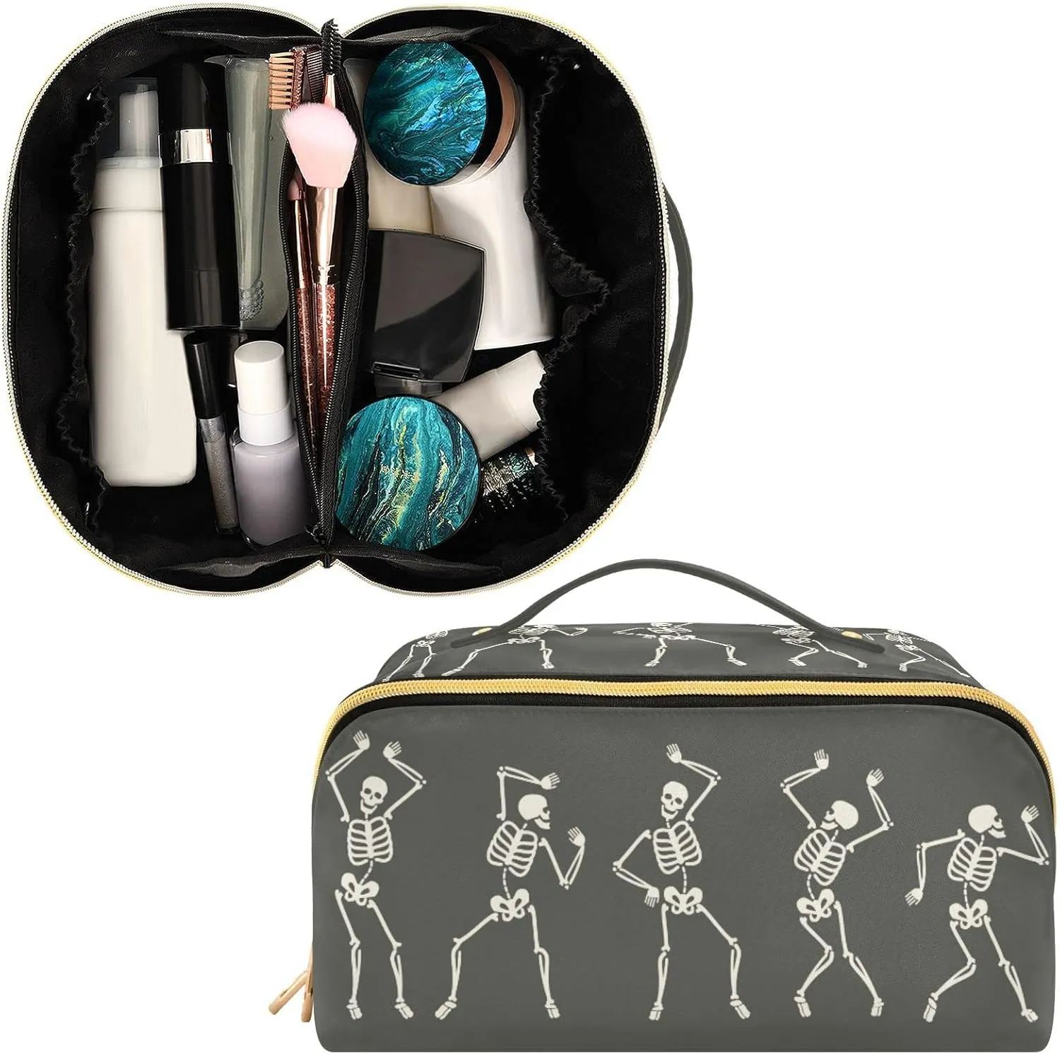 ALAZA Funny Dancing Skeleton Makeup Bag Travel Cosmetic Bag Portable Zipper Cosmetic Pouch with Handle and Divider for Women Collage Dorm Business Trip