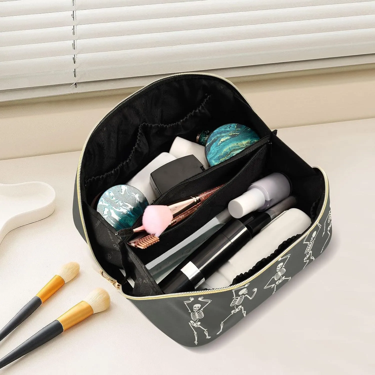 ALAZA Funny Dancing Skeleton Makeup Bag Travel Cosmetic Bag Portable Zipper Cosmetic Pouch with Handle and Divider for Women Collage Dorm Business Trip