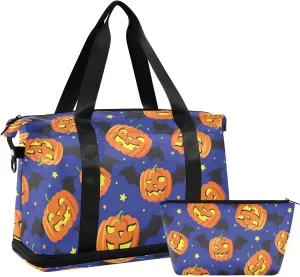 ALAZA Funny Halloween Pumpkin with Bat Wings Travel Duffel Bag for Women Men Sports Gym Bag with Shoe Compartment Tote Weekender Overnight Bag with Wet Pocket for Travel, Gym,Yoga,Swimming