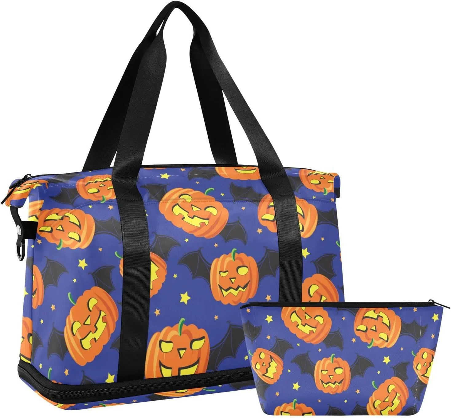 ALAZA Funny Halloween Pumpkin with Bat Wings Travel Duffel Bag for Women Men Sports Gym Bag with Shoe Compartment Tote Weekender Overnight Bag with Wet Pocket for Travel, Gym,Yoga,Swimming