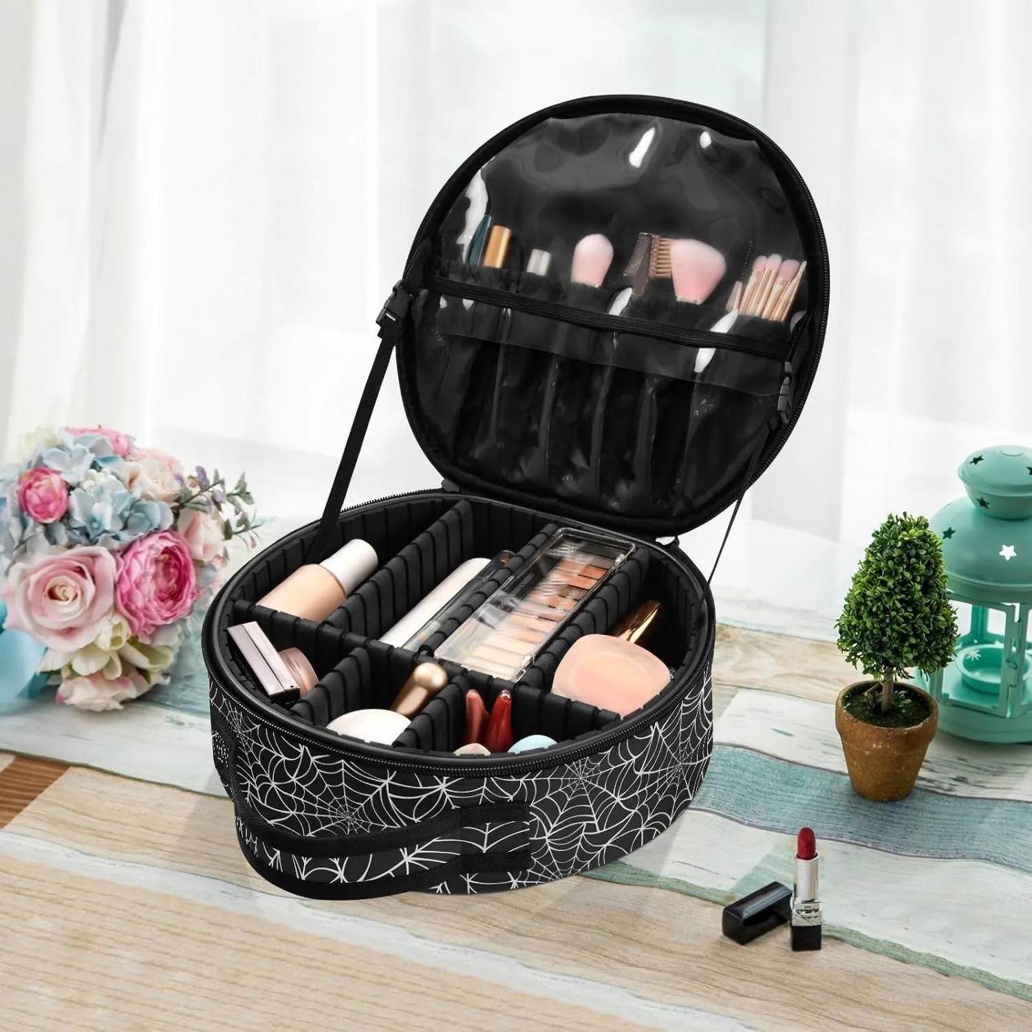 ALAZA Halloween White and Black Spider Web Travel Makeup Train Case Makeup Cosmetic Case with Adjustable Dividers