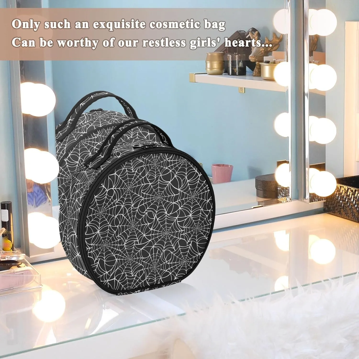 ALAZA Halloween White and Black Spider Web Travel Makeup Train Case Makeup Cosmetic Case with Adjustable Dividers