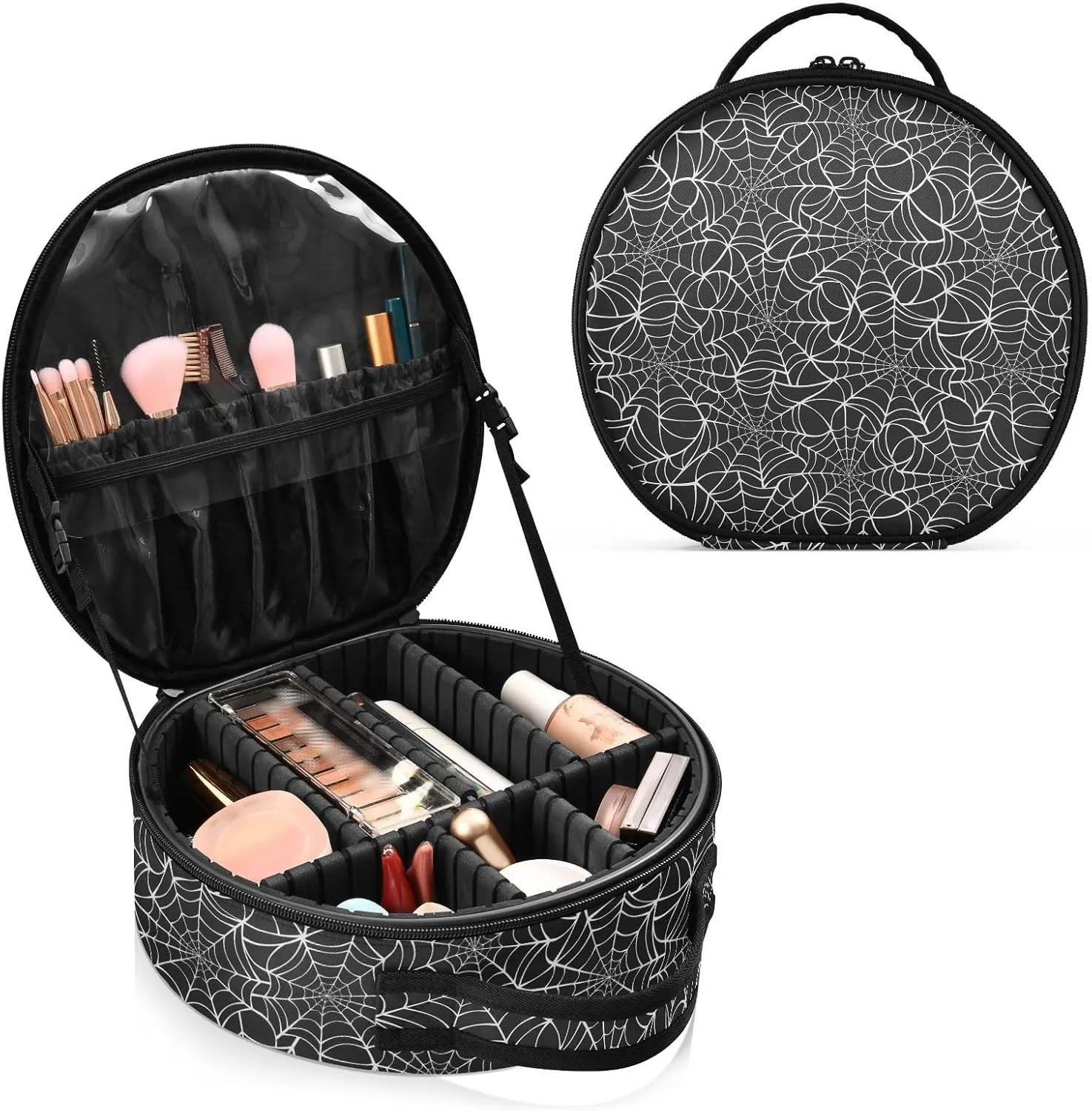 ALAZA Halloween White and Black Spider Web Travel Makeup Train Case Makeup Cosmetic Case with Adjustable Dividers