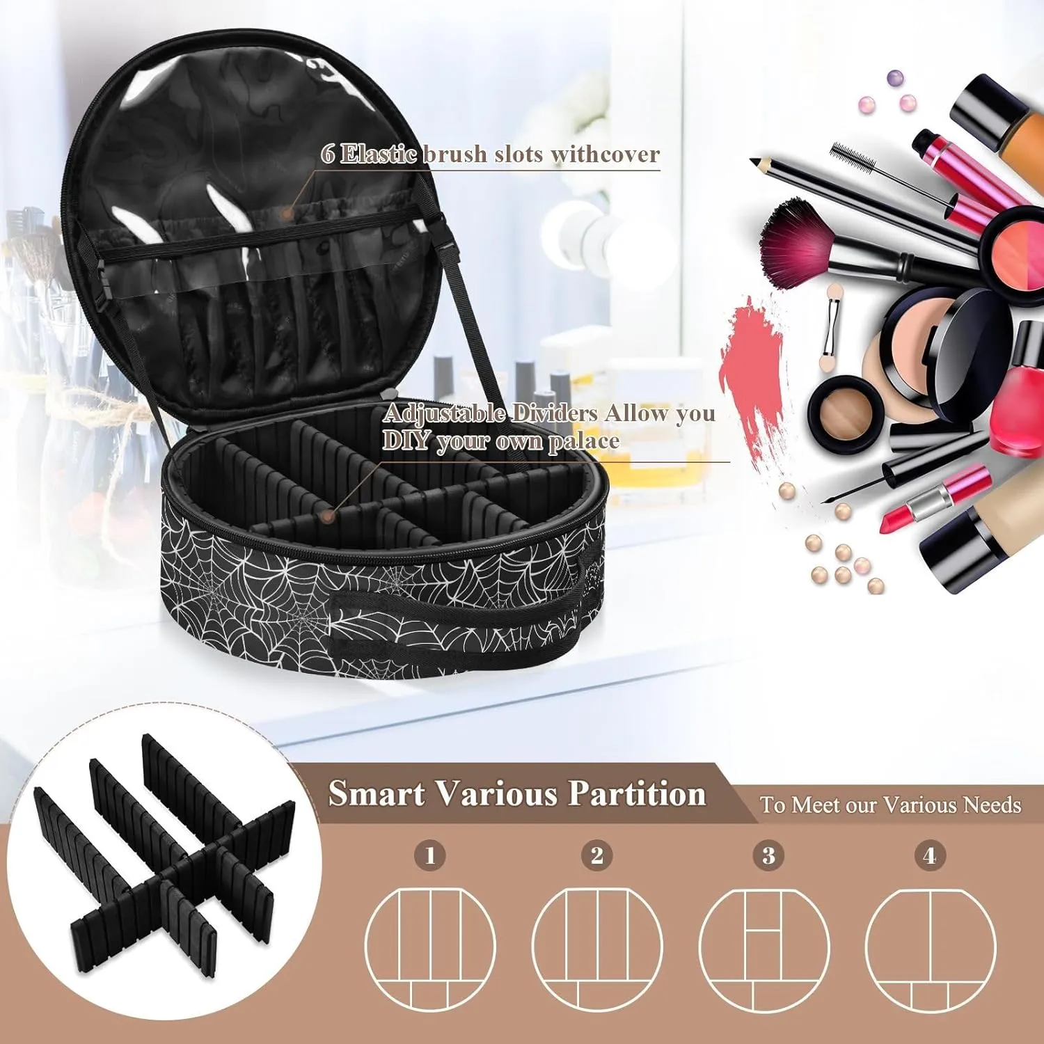 ALAZA Halloween White and Black Spider Web Travel Makeup Train Case Makeup Cosmetic Case with Adjustable Dividers