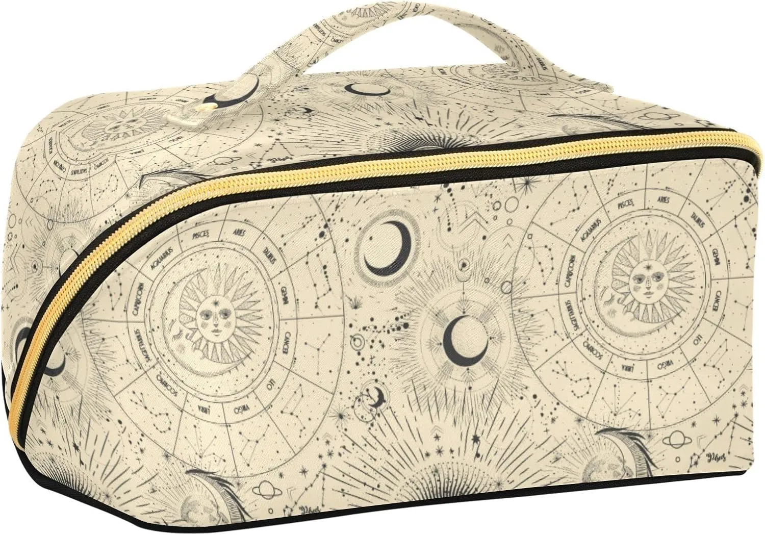 ALAZA Moon Phases Zodiac Makeup Bag Travel Cosmetic Bag Portable Zipper Cosmetic Pouch with Handle and Divider for Women Collage Dorm Business Trip