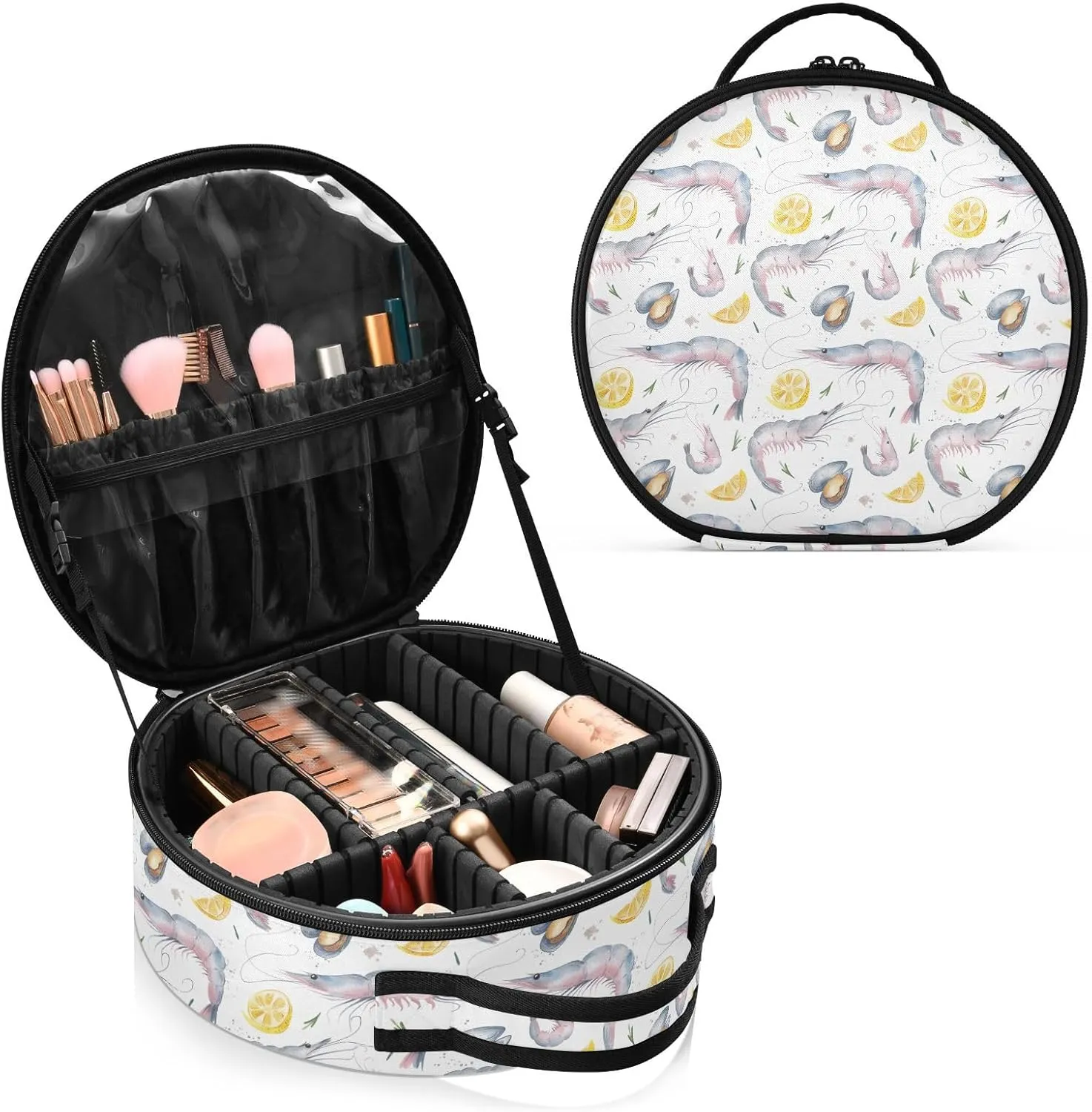 ALAZA Pink Prawns and Mussels Lemon Slices Portable Cosmetic Bag Large Capacity Travel Makeup Case Organizer