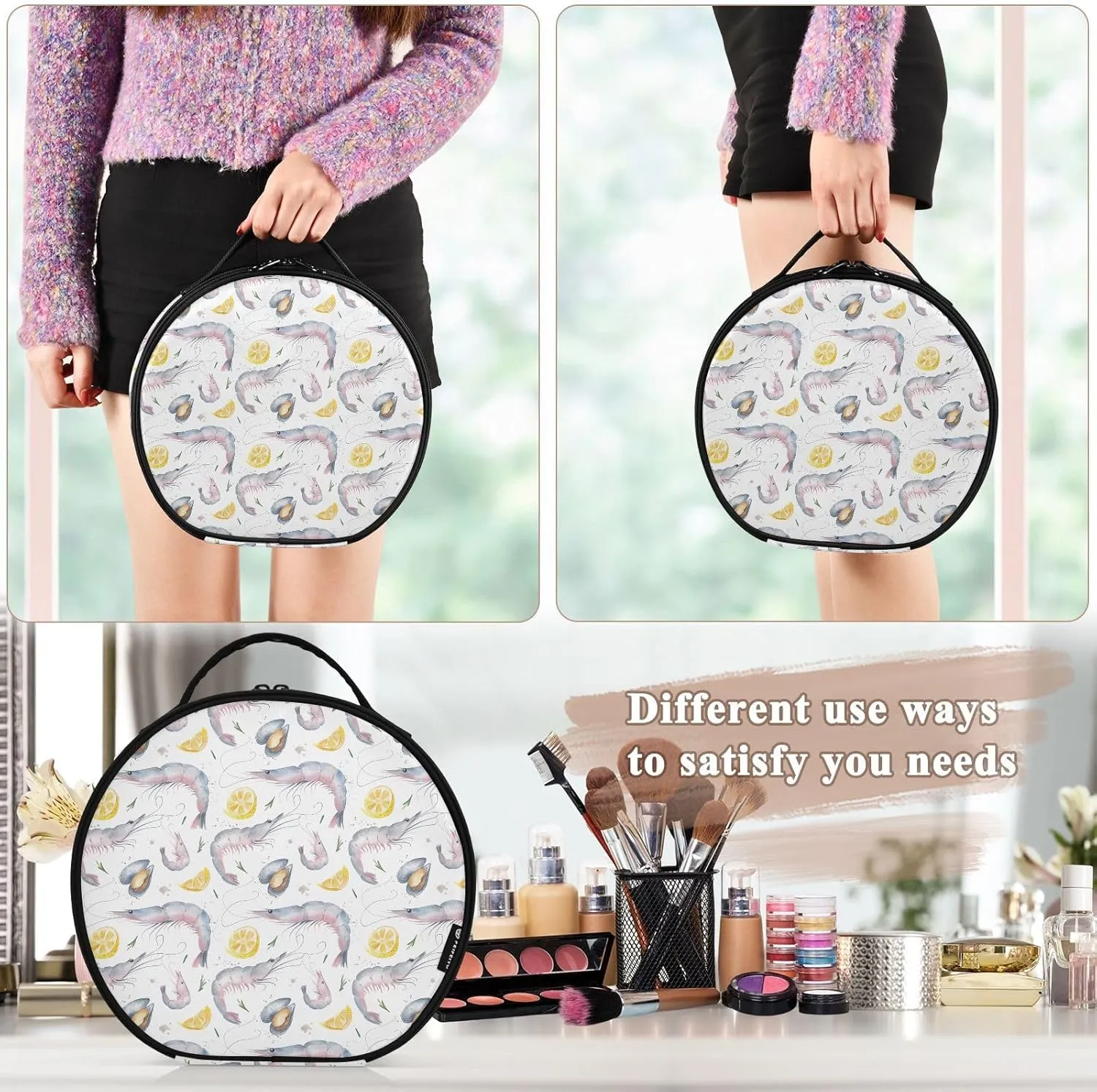 ALAZA Pink Prawns and Mussels Lemon Slices Portable Cosmetic Bag Large Capacity Travel Makeup Case Organizer