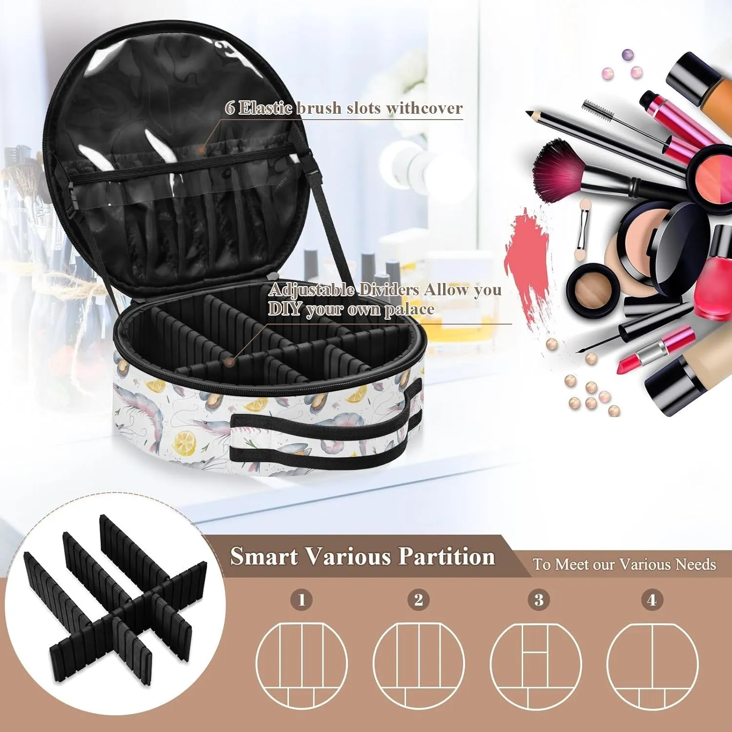 ALAZA Pink Prawns and Mussels Lemon Slices Portable Cosmetic Bag Large Capacity Travel Makeup Case Organizer