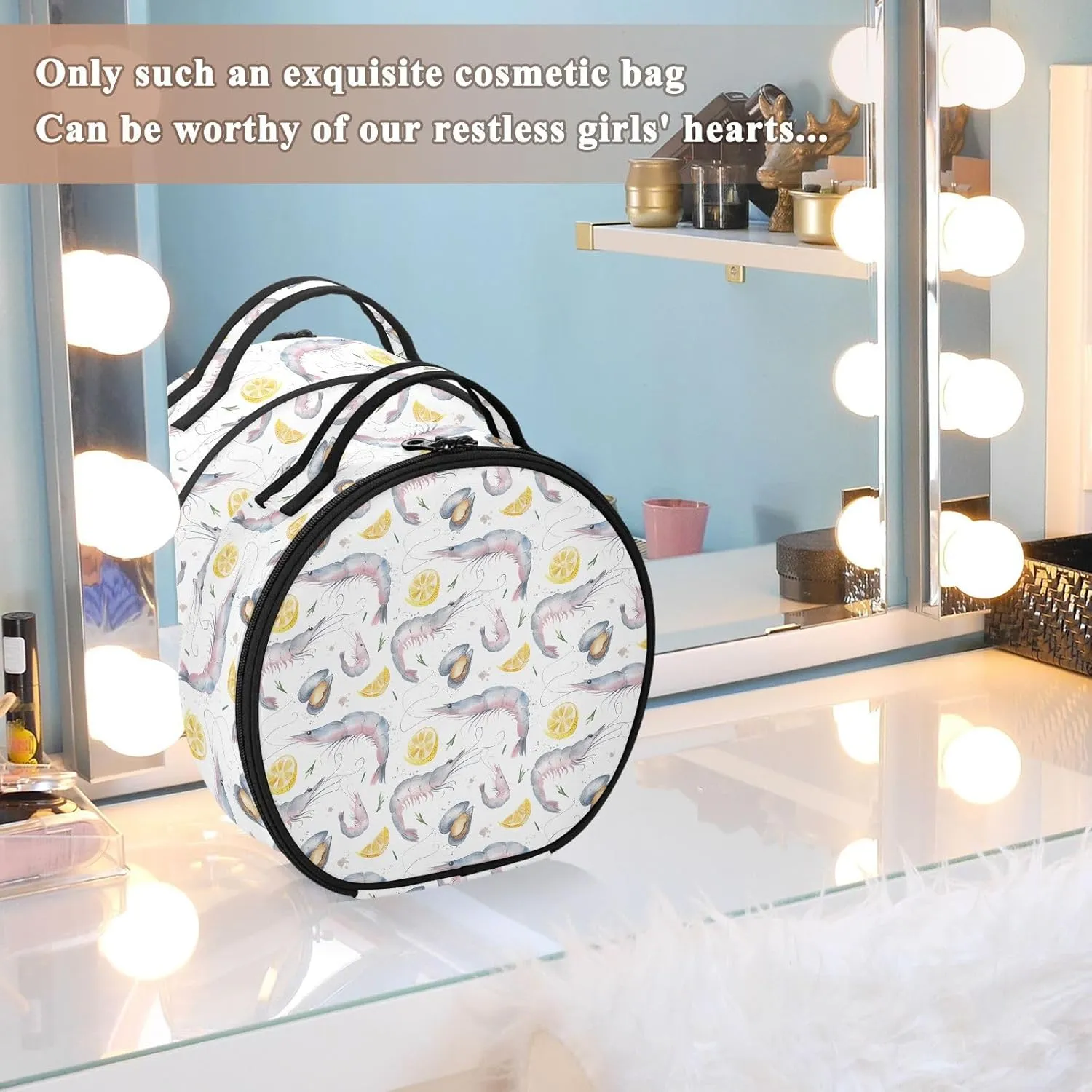ALAZA Pink Prawns and Mussels Lemon Slices Portable Cosmetic Bag Large Capacity Travel Makeup Case Organizer