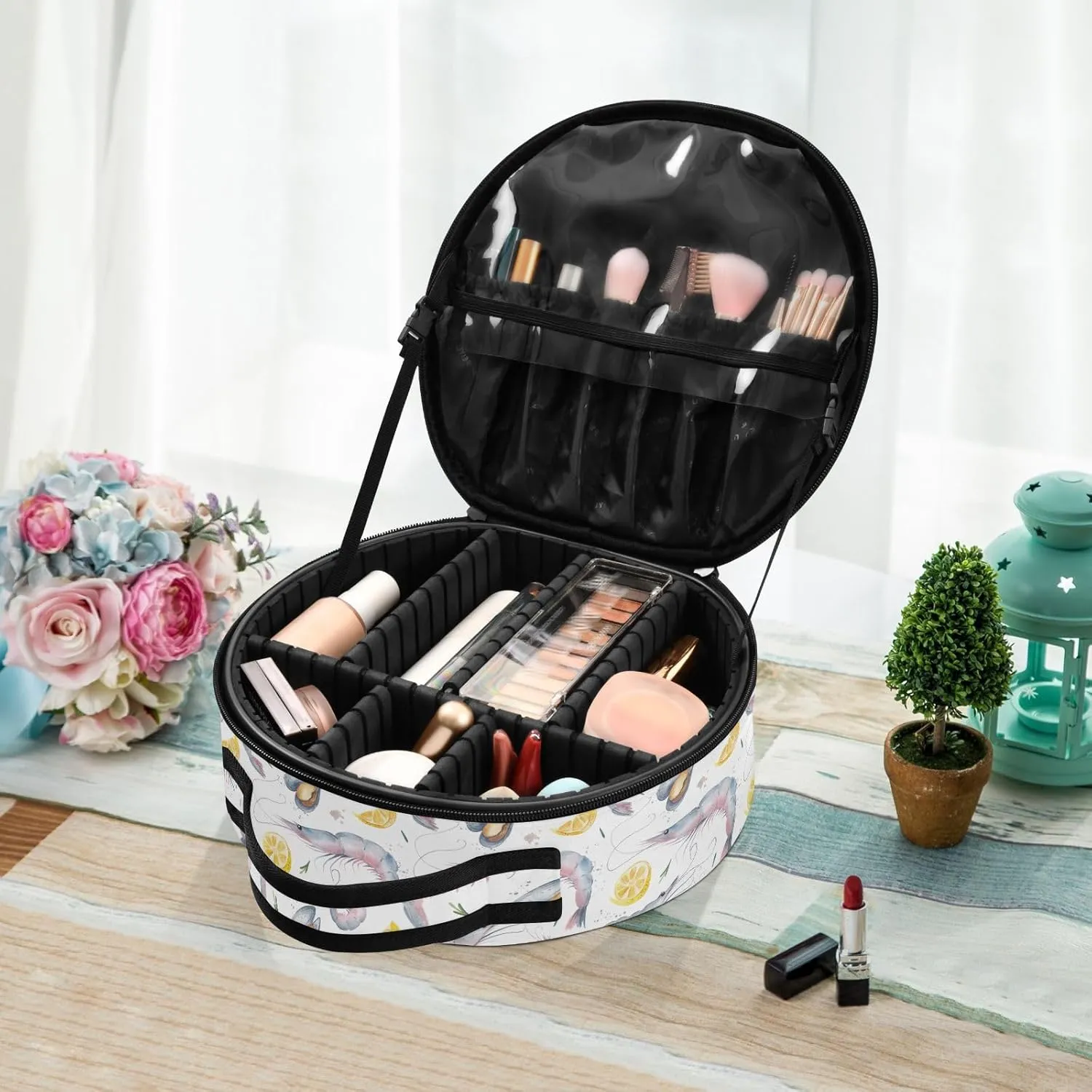 ALAZA Pink Prawns and Mussels Lemon Slices Portable Cosmetic Bag Large Capacity Travel Makeup Case Organizer