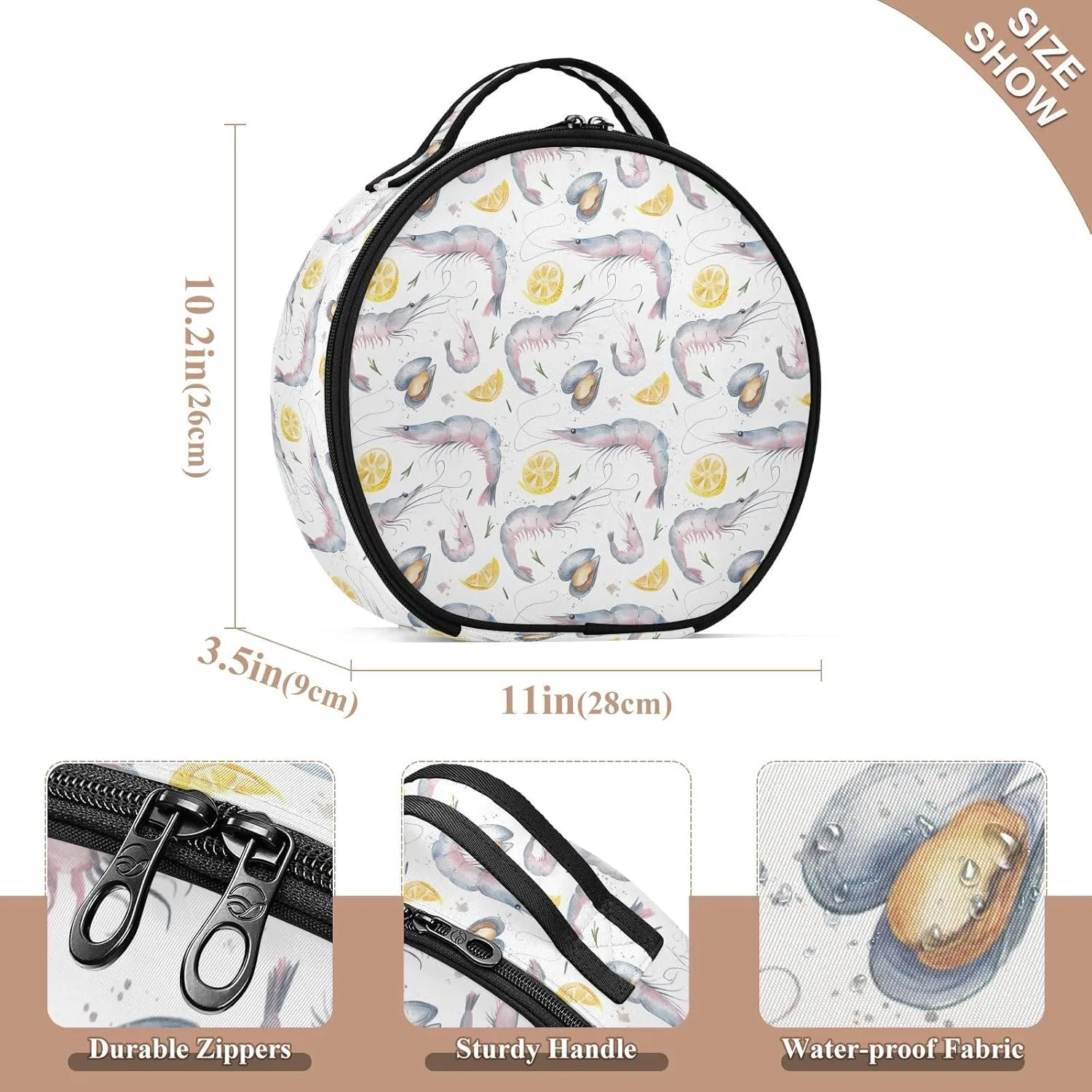 ALAZA Pink Prawns and Mussels Lemon Slices Portable Cosmetic Bag Large Capacity Travel Makeup Case Organizer