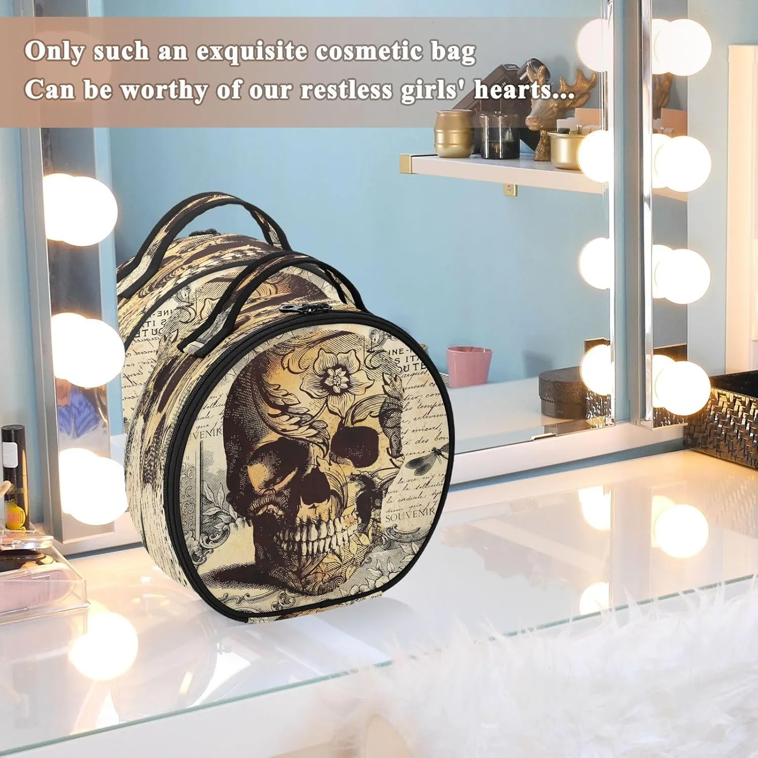 ALAZA Retro Skull Flower Letter Makeup Bag Travel Cosmetic Bag Large Toiletry Organizer