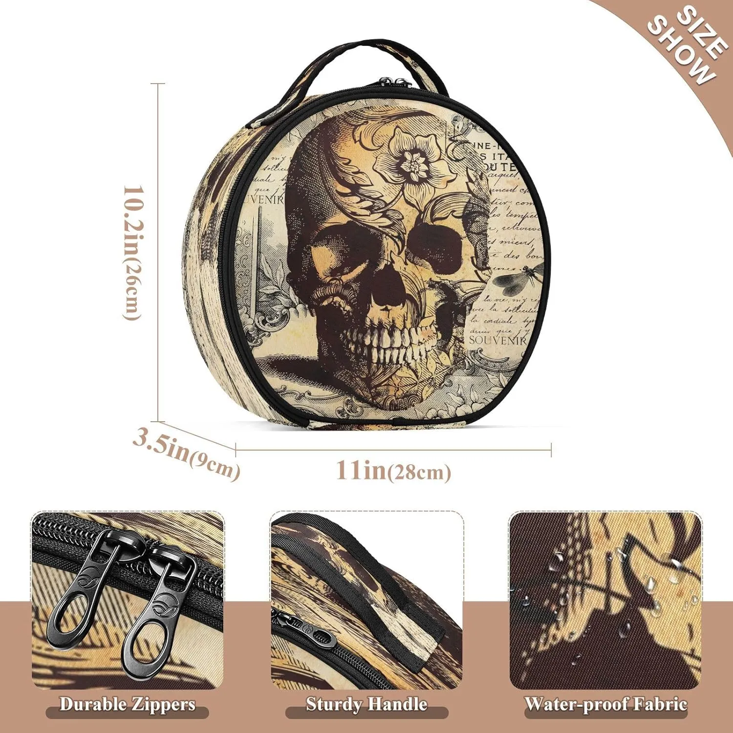 ALAZA Retro Skull Flower Letter Makeup Bag Travel Cosmetic Bag Large Toiletry Organizer
