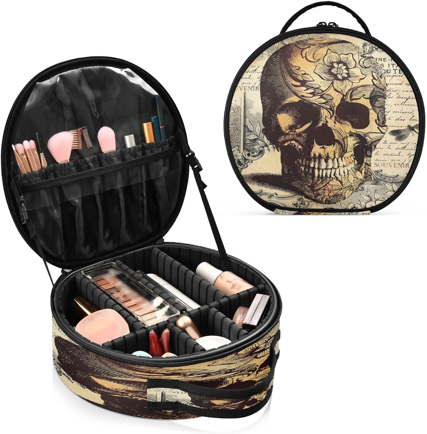 ALAZA Retro Skull Flower Letter Makeup Bag Travel Cosmetic Bag Large Toiletry Organizer