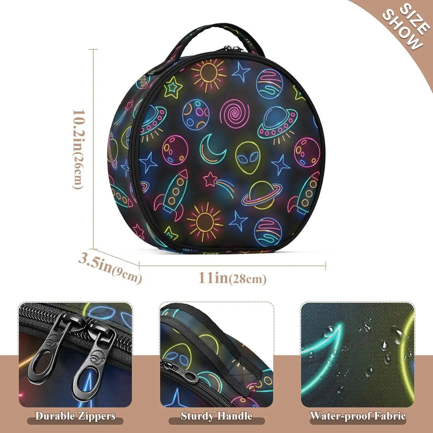 ALAZA Space Rocket Planets Alien Ship Sun Moon Comet Stars Portable Cosmetic Bag Large Capacity Makeup Bags