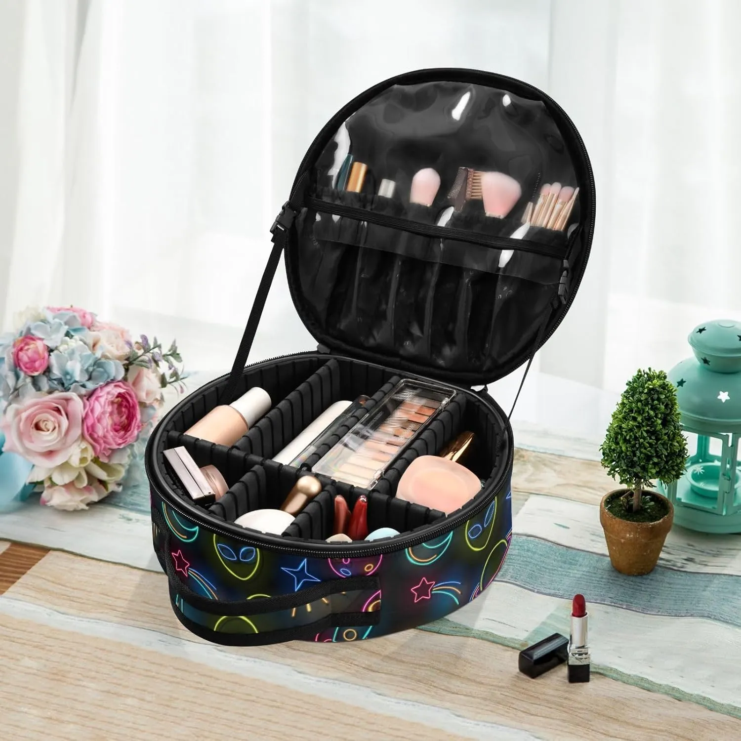 ALAZA Space Rocket Planets Alien Ship Sun Moon Comet Stars Portable Cosmetic Bag Large Capacity Makeup Bags